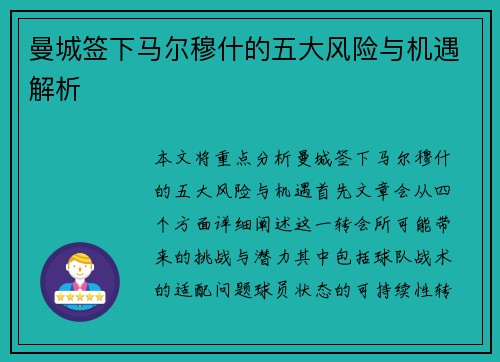 曼城签下马尔穆什的五大风险与机遇解析