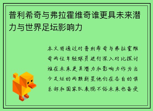 普利希奇与弗拉霍维奇谁更具未来潜力与世界足坛影响力